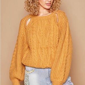 POL Cozy Mustard Cable Knit Sweater goldenrod